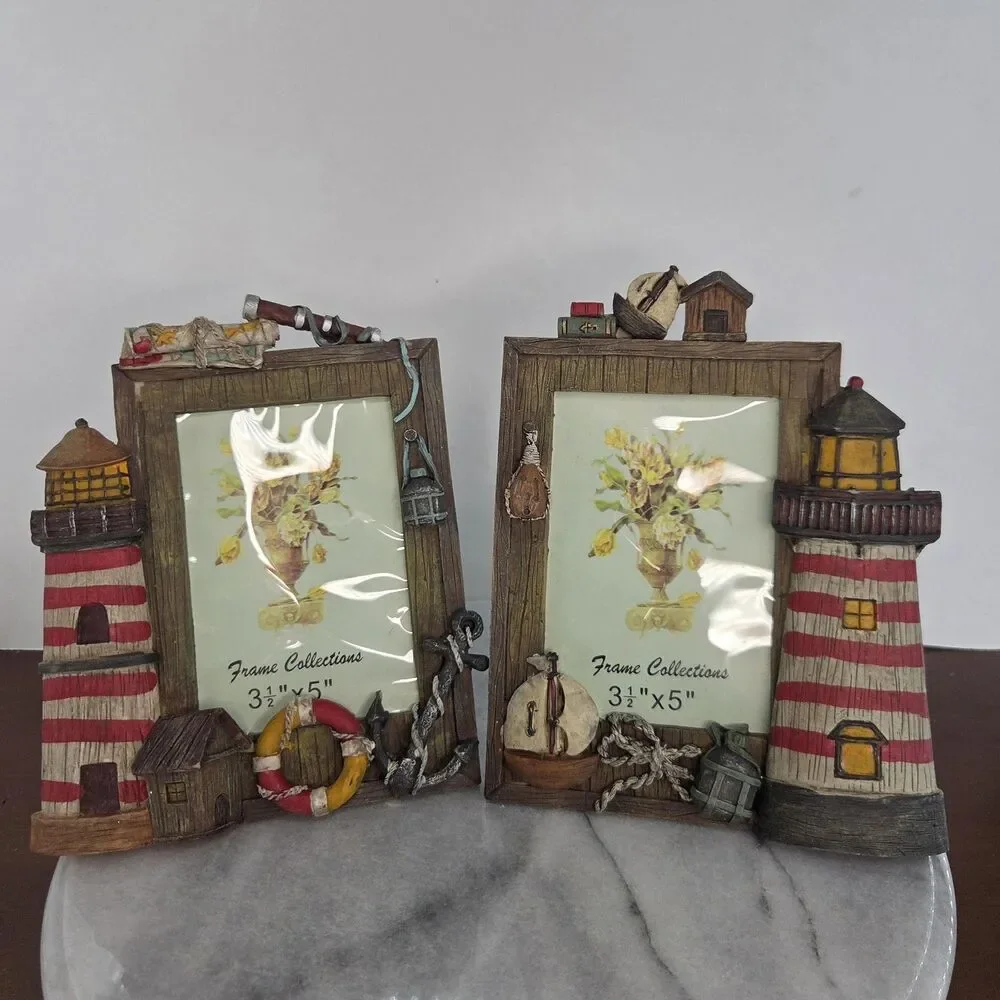 Frame Collections Lighthouse Photo Frames Set Of 2 3.5x5 Nautical Resin Striped